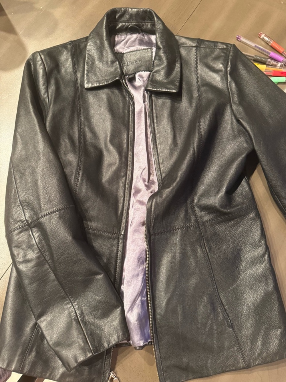 Guess Black Leather Zip-Front Jacket with Subtle Collar